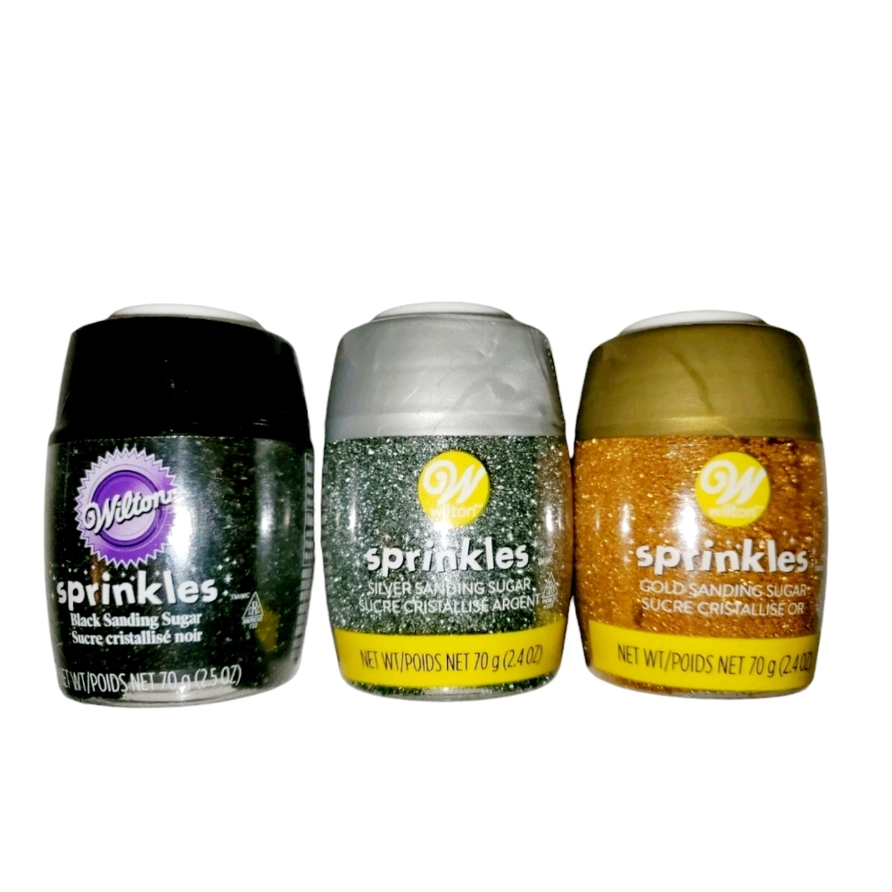 Lot of 3 WILTON SPRINKLES Black/Silver/Gold Sanding Sugar NEW